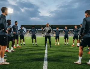 Entrenador deportivo con jugadores de fútbol 8 en Bogotá