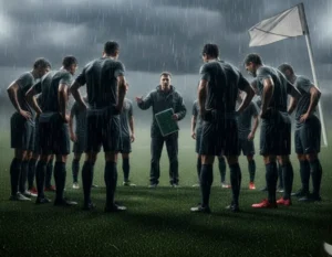 equipo reunido bajo la lluvia recibiendo indicaciones del entrenador