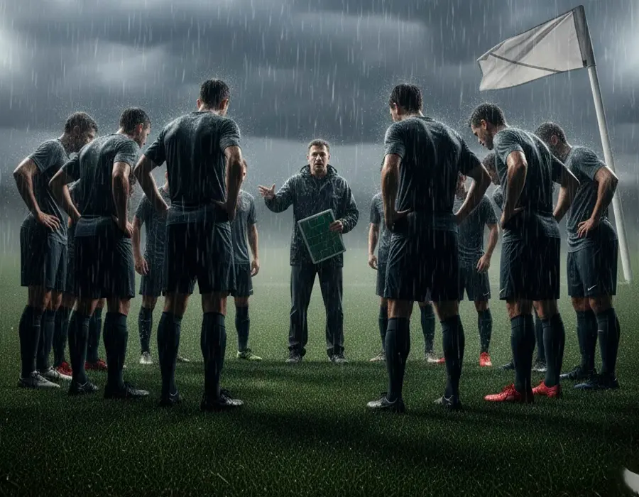 equipo reunido bajo la lluvia recibiendo indicaciones del entrenador